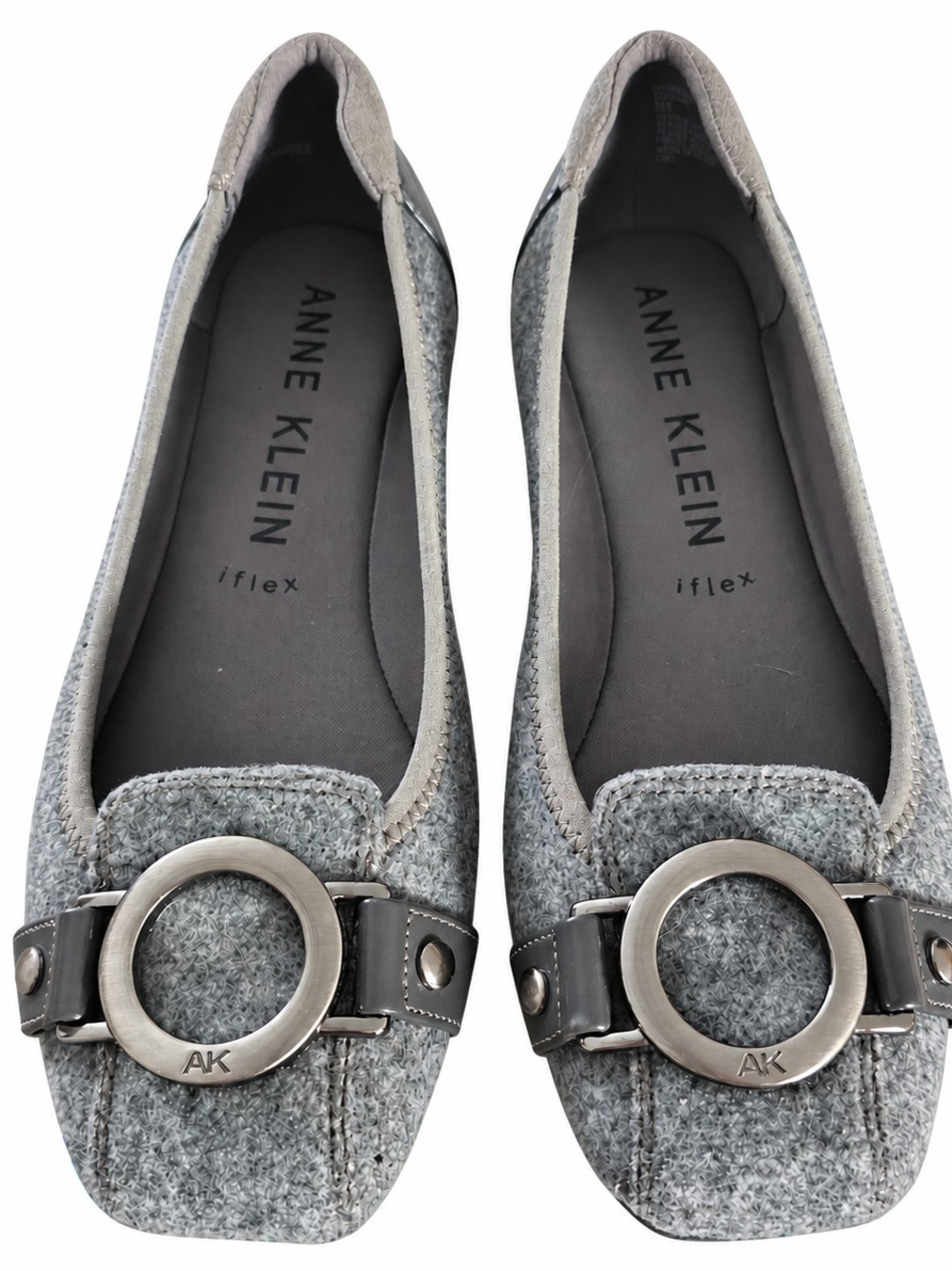 Anne Klein Gray Tweed Slip-On Flats with Silver Accent